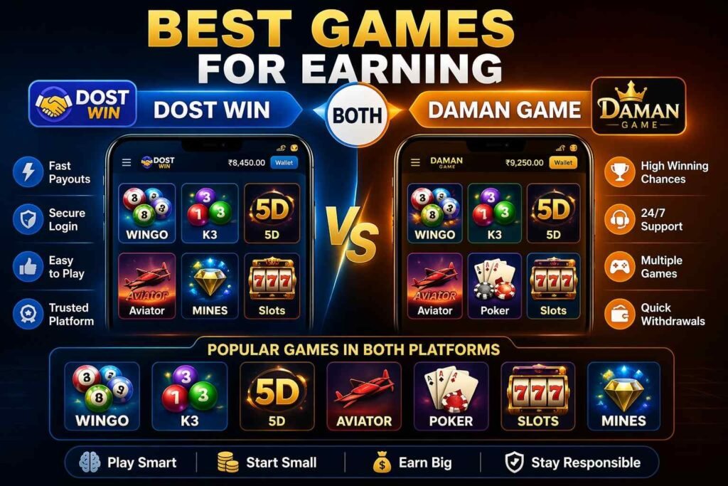 Best earning games Dost Win vs Daman Game Wingo K3 5D Aviator Poker Slots comparison image