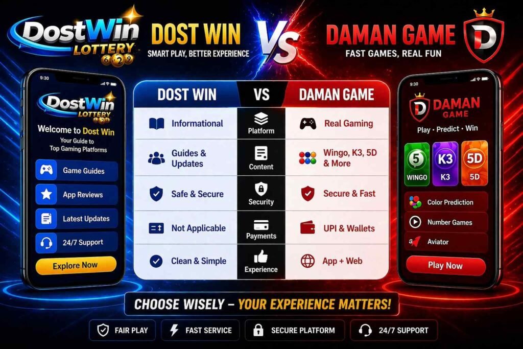 Dost Win vs Daman Game comparison image showing Wingo, K3, 5D, Aviator games, login, withdrawal and features